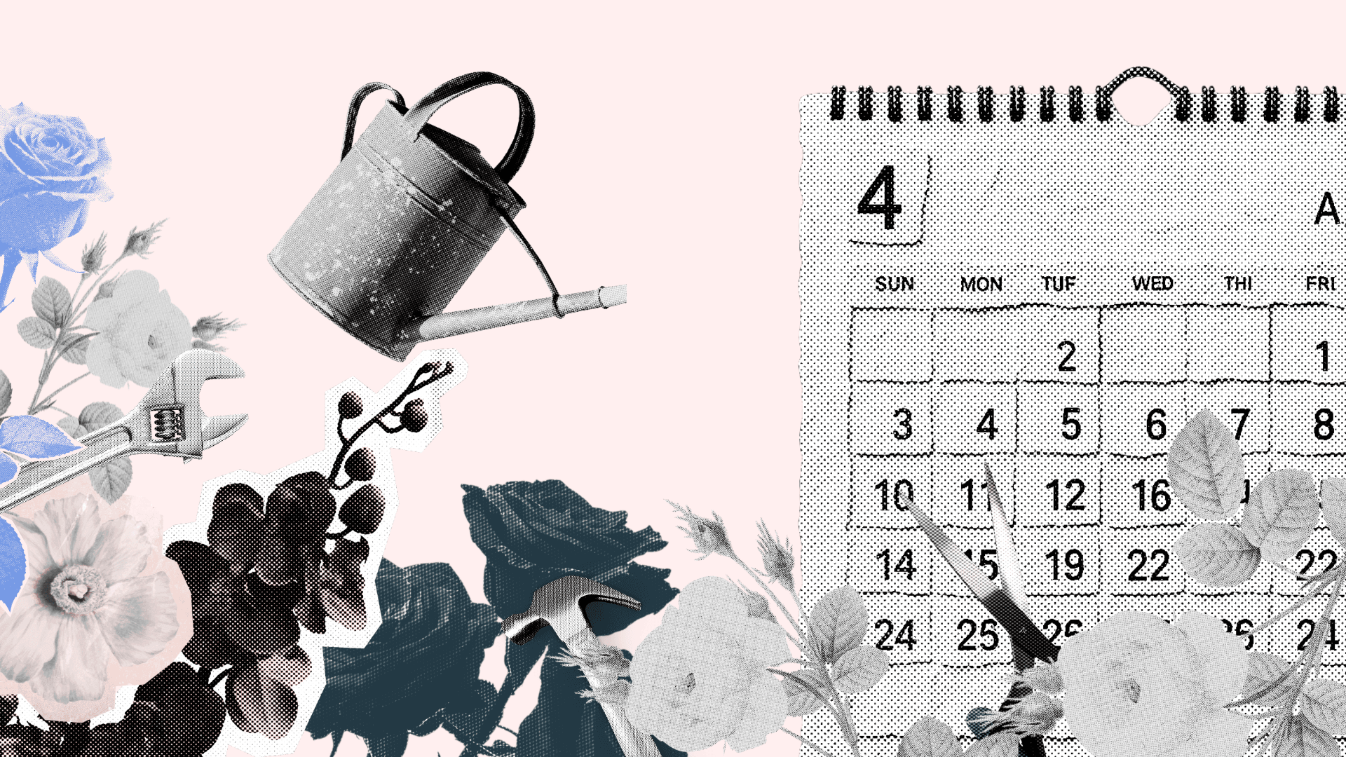 Collage with flowers, calendar, and watering pot.