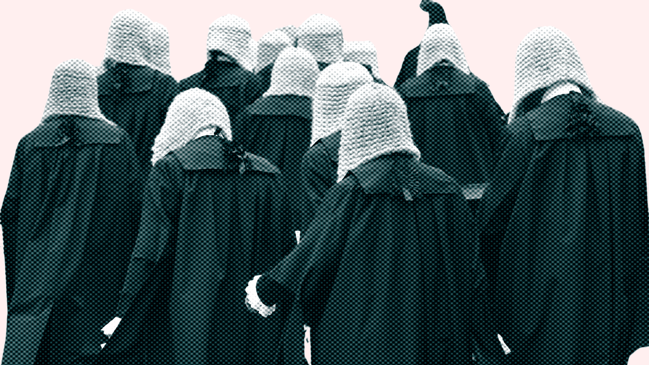 Collage of judges in robes front of a pink background.